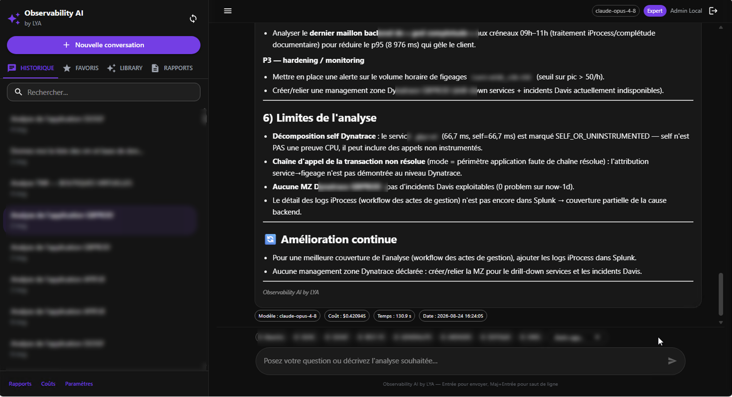 Rapport de cause racine produit par l'assistant : plan d'action priorisé, limites de l'analyse assumées explicitement, pistes d'amélioration, coût et durée de la génération.
